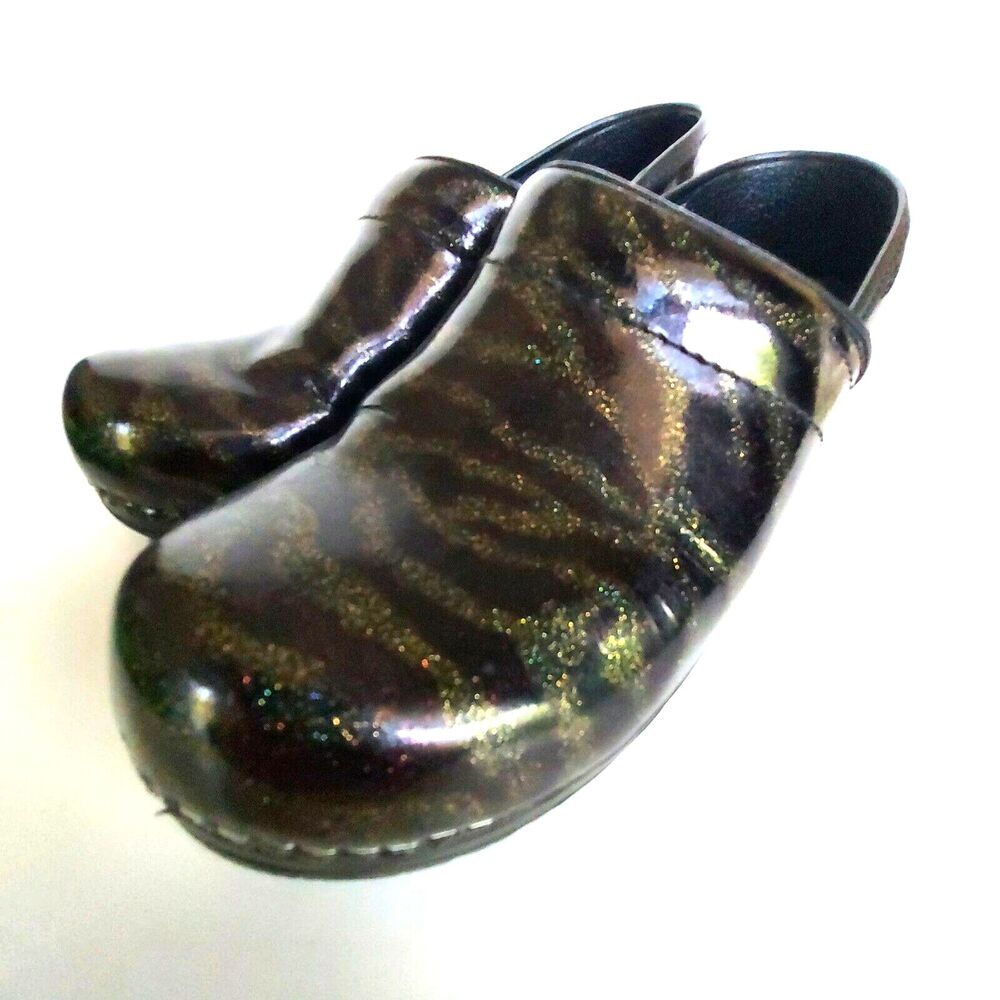 Sanita Womens Clogs Shoes 7 EU37 Black Sparkle Animal Print Rubber Sole
